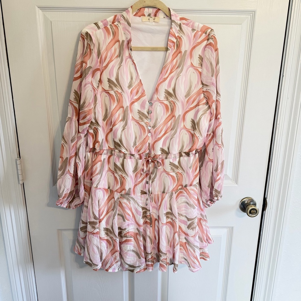 Entro Large Peach Pink Floral Tiered Mini Dress Boho Bell Sleeve - Picture 2 of 8